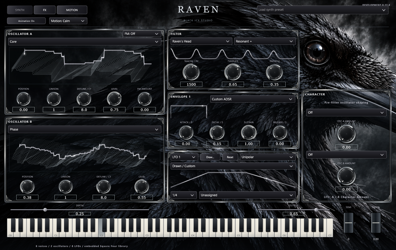 Raven's actual development interface showing dual oscillators, filter, envelopes, modulation and keyboard